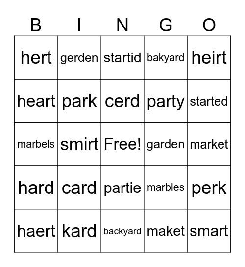 AR Words Bingo Card