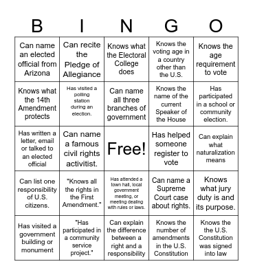 Citizenship Bingo Card