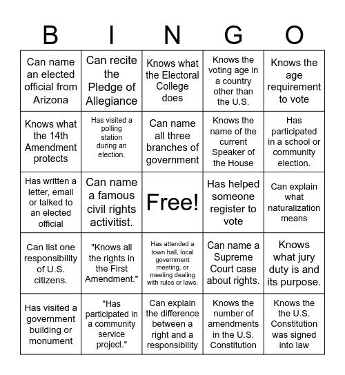 Citizenship Bingo Card