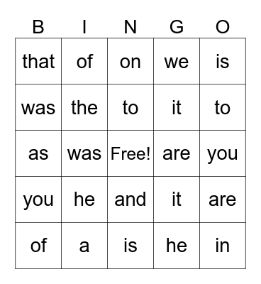 Sight Words Bingo Card