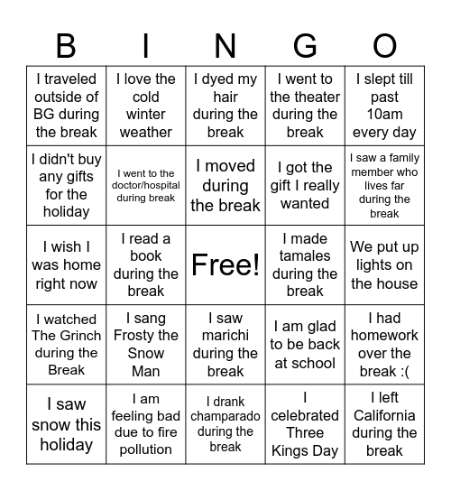 Welcome Back Bingo Card