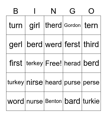 "R" Controlled Words Bingo Card
