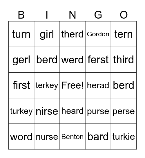 "R" Controlled Words Bingo Card