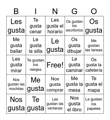 Gustar with Nouns and Infinitives Bingo Card