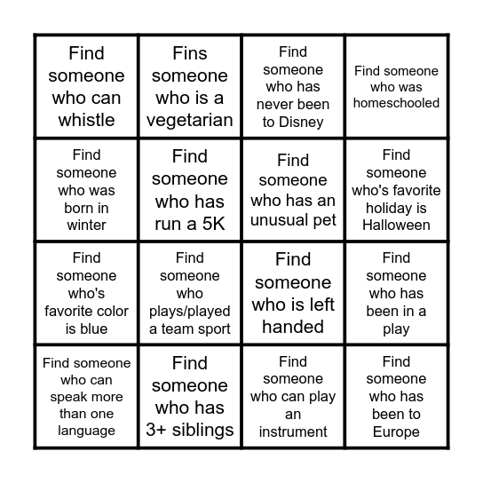 Get to Know You Bingo Card