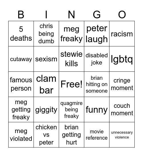 Family Guy Bingo Card