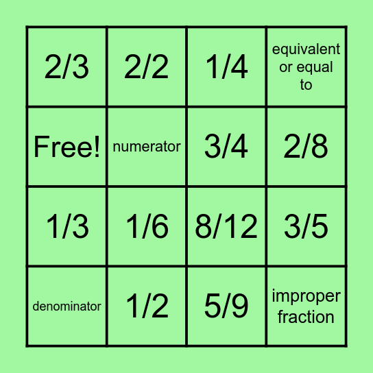 Fraction Bingo!! Bingo Card