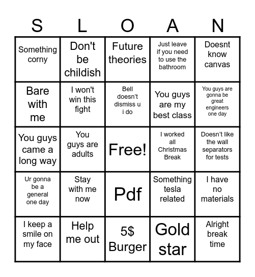Mr. Sloan Bingo Card