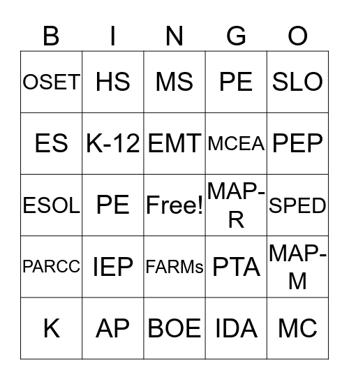 MCPS Acronyms Bingo Card