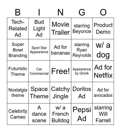 Super Bowl Commercial Bingo 🏈 Bingo Card