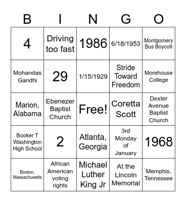 MLK Bingo Card