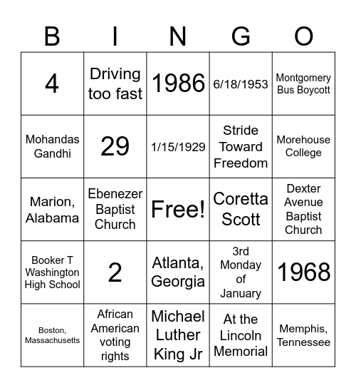 MLK Bingo Card