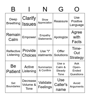 De-Escalation Bingo Card