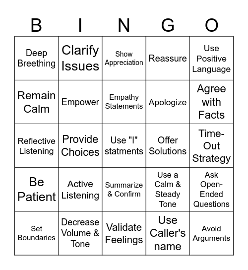 De-Escalation Bingo Card