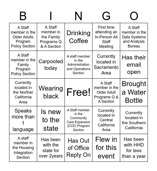 Getting to Know HHD Staff Bingo Card