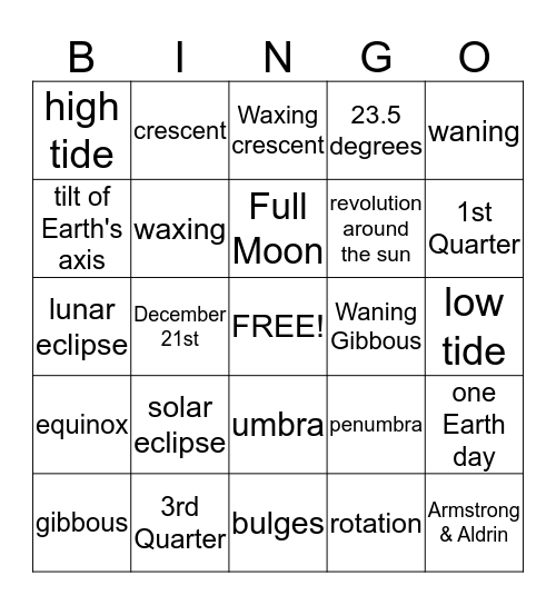Seasons, Day/Night, Moon Bingo Card