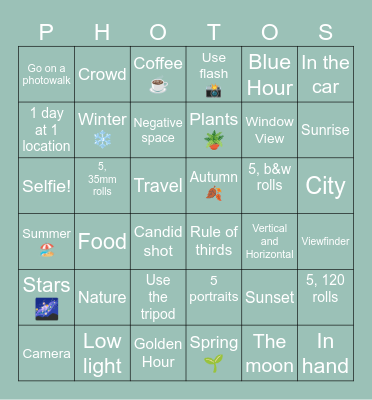 2025 Photography Bingo Card