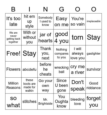 Break up songs Bingo Card