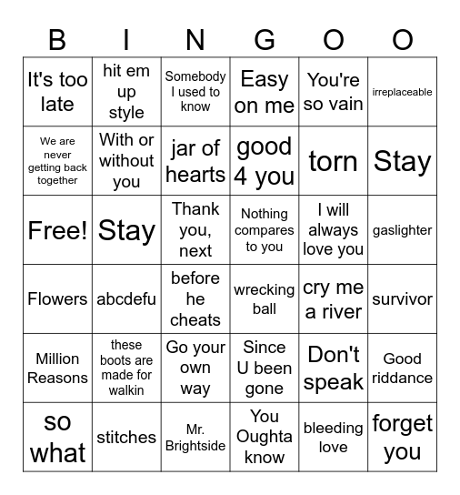 Break up songs Bingo Card