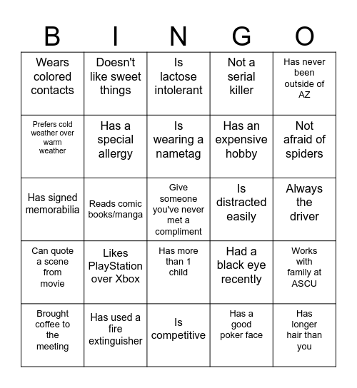 Icebreaker Bingo Card