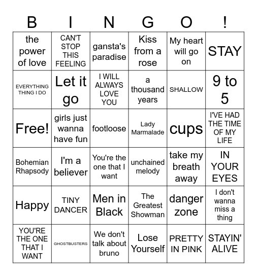 Songs from Movies Bingo Card