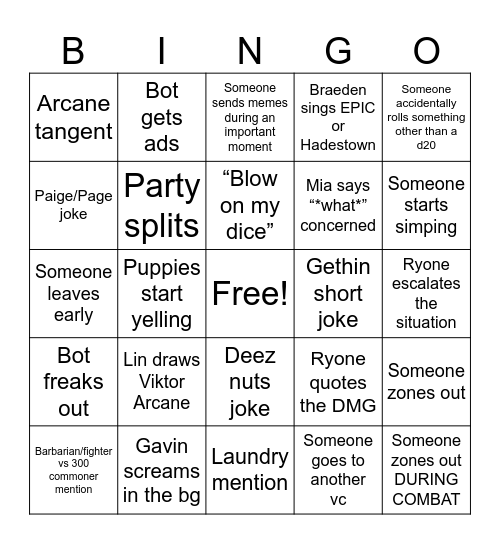 Tuesday Bingo Card