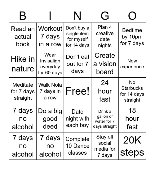 Diana's Resolution Bingo Card