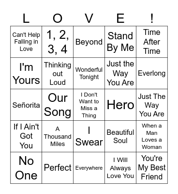 Love Songs Bingo Card