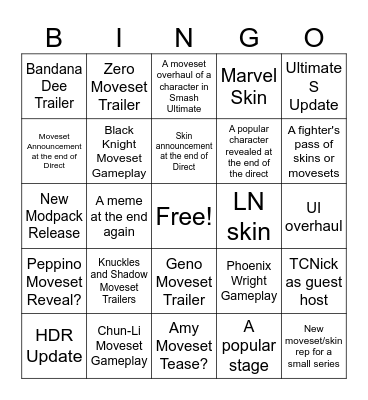 Smash Bros. Ultimate Mod Direct Predictions Bingo Card