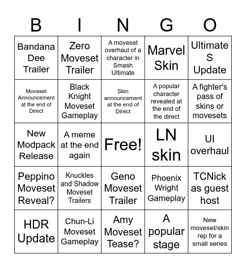 Smash Bros. Ultimate Mod Direct Predictions Bingo Card