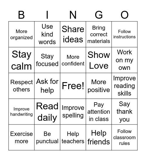 Areas of Improvement Bingo Card
