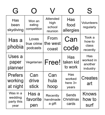 Speed Networking Bingo Card