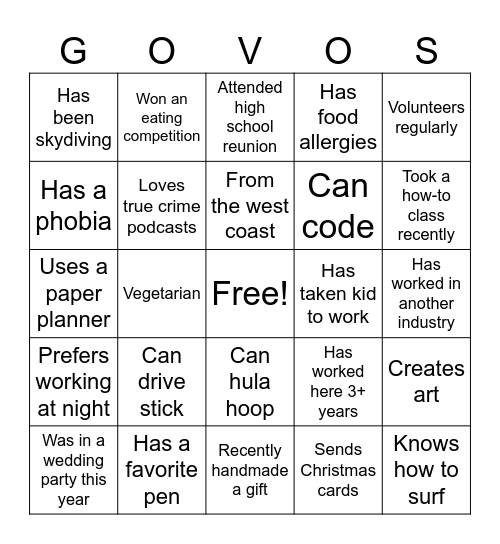 Speed Networking Bingo Card