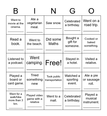 Welcome Back Bingo Card