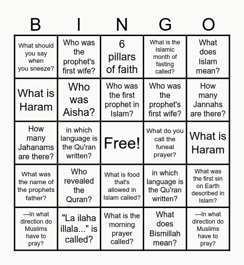 Islamic Bingo Card