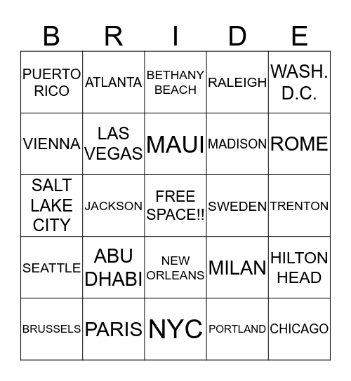 Carrie's Destination Bridal Bingo! Bingo Card