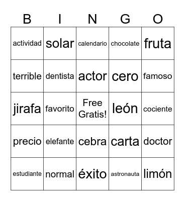 Cognates Bingo Card