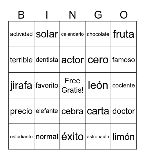 Cognates Bingo Card