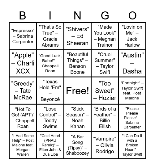 Hot Hits of 2024 Bingo Card