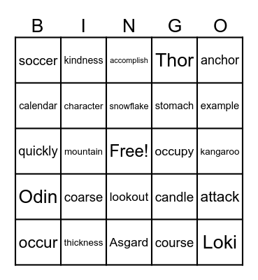 Spelling Bingo Card