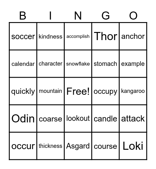 Spelling Bingo Card