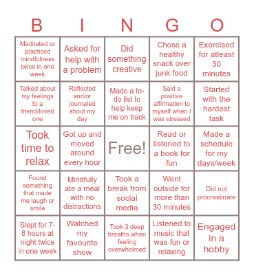 Stress Management Bingo Card