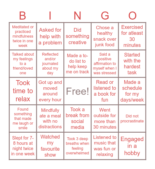 Stress Management Bingo Card