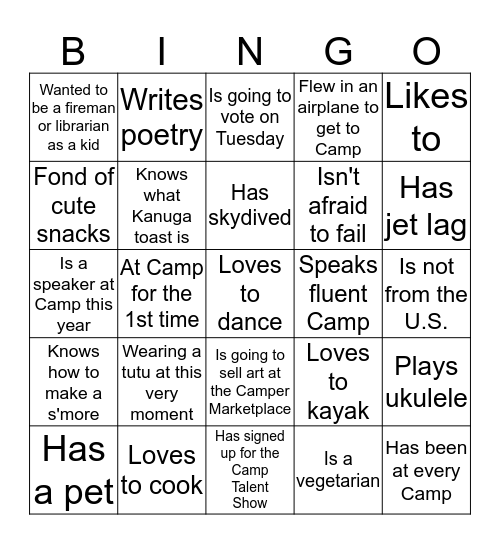 Life is a Verb Bingo! Have people sign the square they represent. First three people to get a full card win a prize! Bingo Card