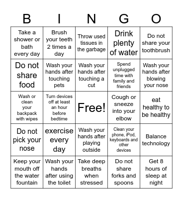 Healthy Habits Bingo Card