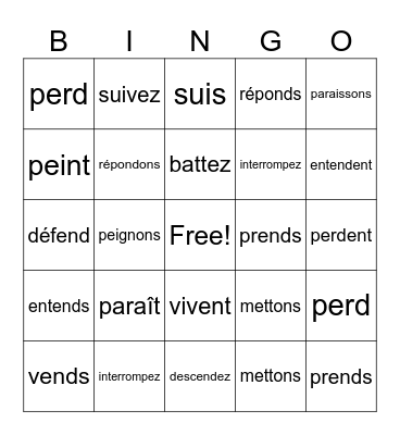 RE verbs Bingo Card