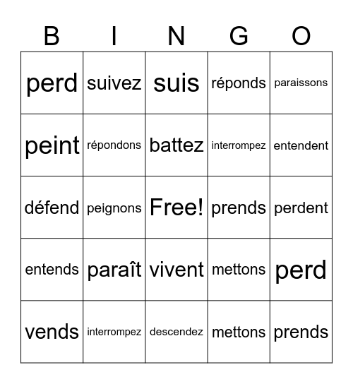 RE verbs Bingo Card