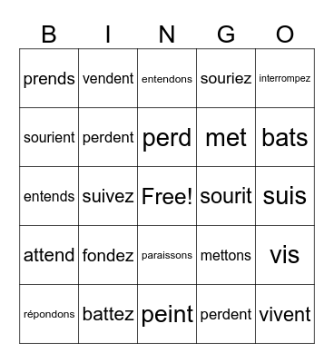 RE verbs Bingo Card