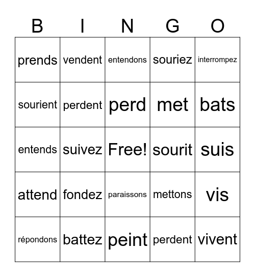 RE verbs Bingo Card
