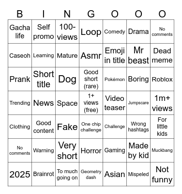 Shorts bingo Card